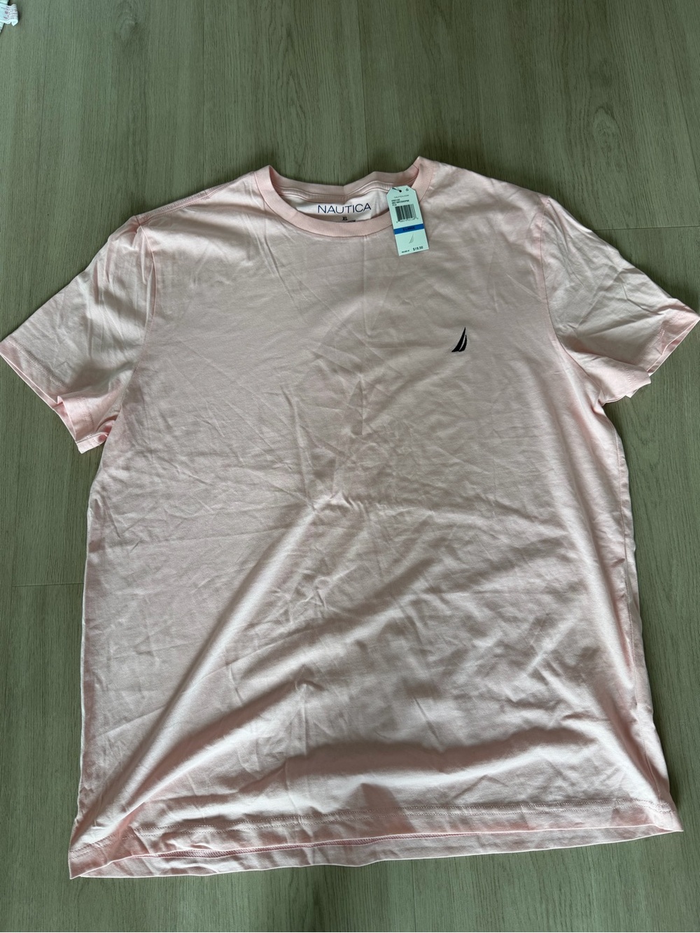 Nautica Men's Short Sleeve Crewneck Tee in Pale Pink with Navy Logo